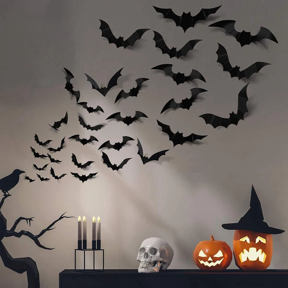 Halloween Gruselige Fledermaus-Dekorationen 3D Schwarze PVC-Fledermäuse Halloween-Party DIY Deko Wandaufkleber Bar Zimmer Halloween-Party Dekorationszubehör