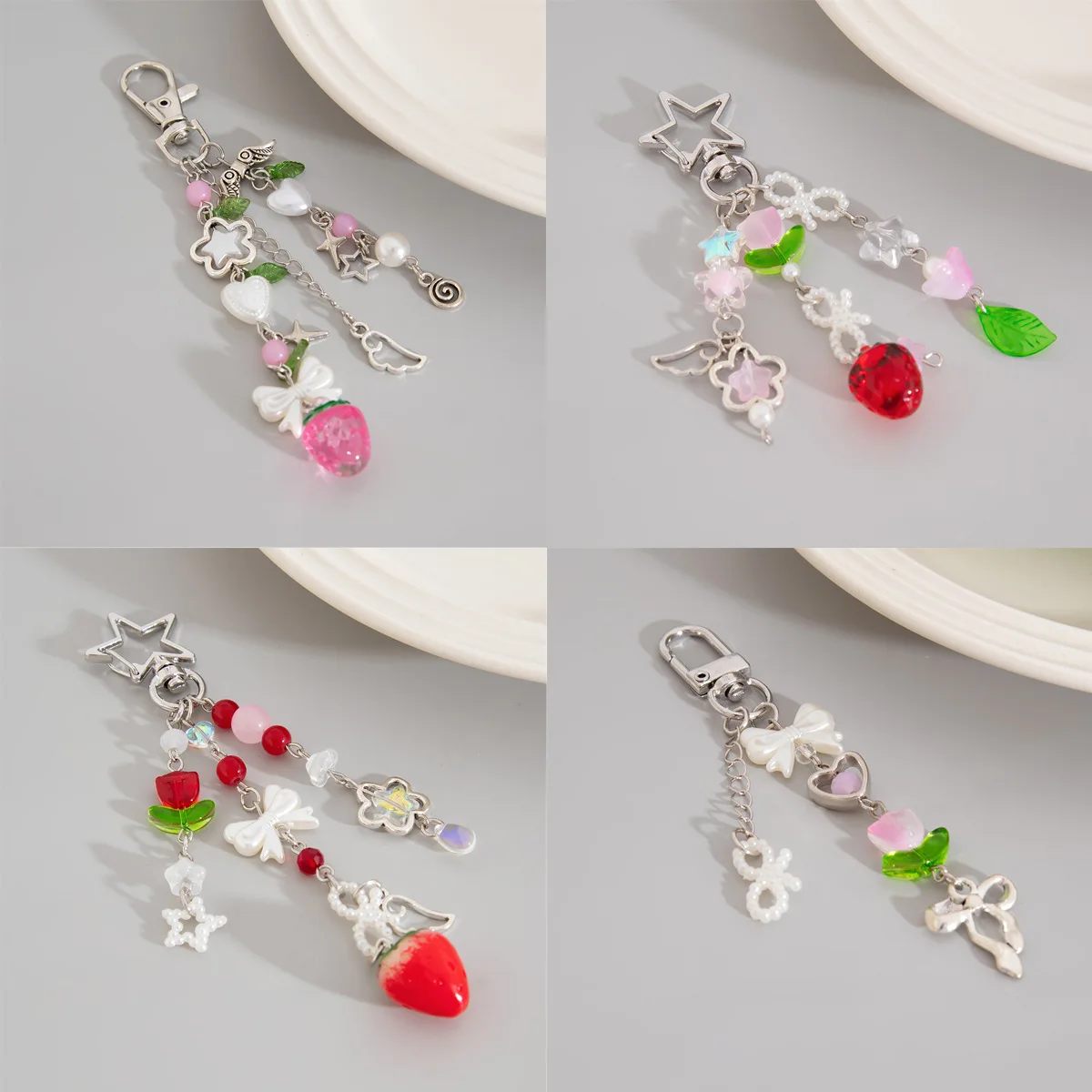 

Cute Car Keychain Aesthetic Keychains Strawberry Keyring Bag Accessories Acrylic Body Kit Anime Pearl Original Couple Beads Bags