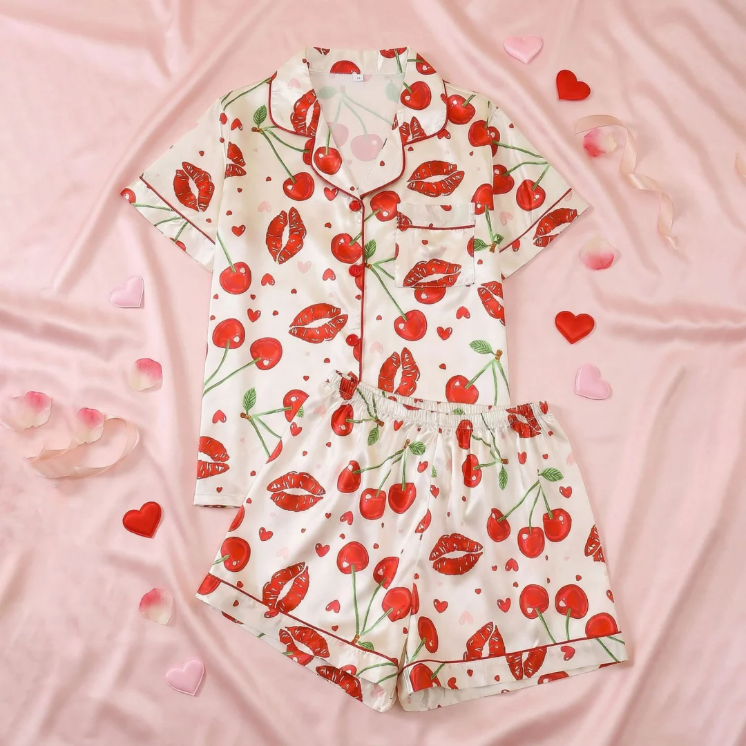 

Fruit Themed Pajama with Red Cherry Print Pink Lapel Short Sleeve Shorts Pants Loungewear Home Wear Set Easter Gifts for Women