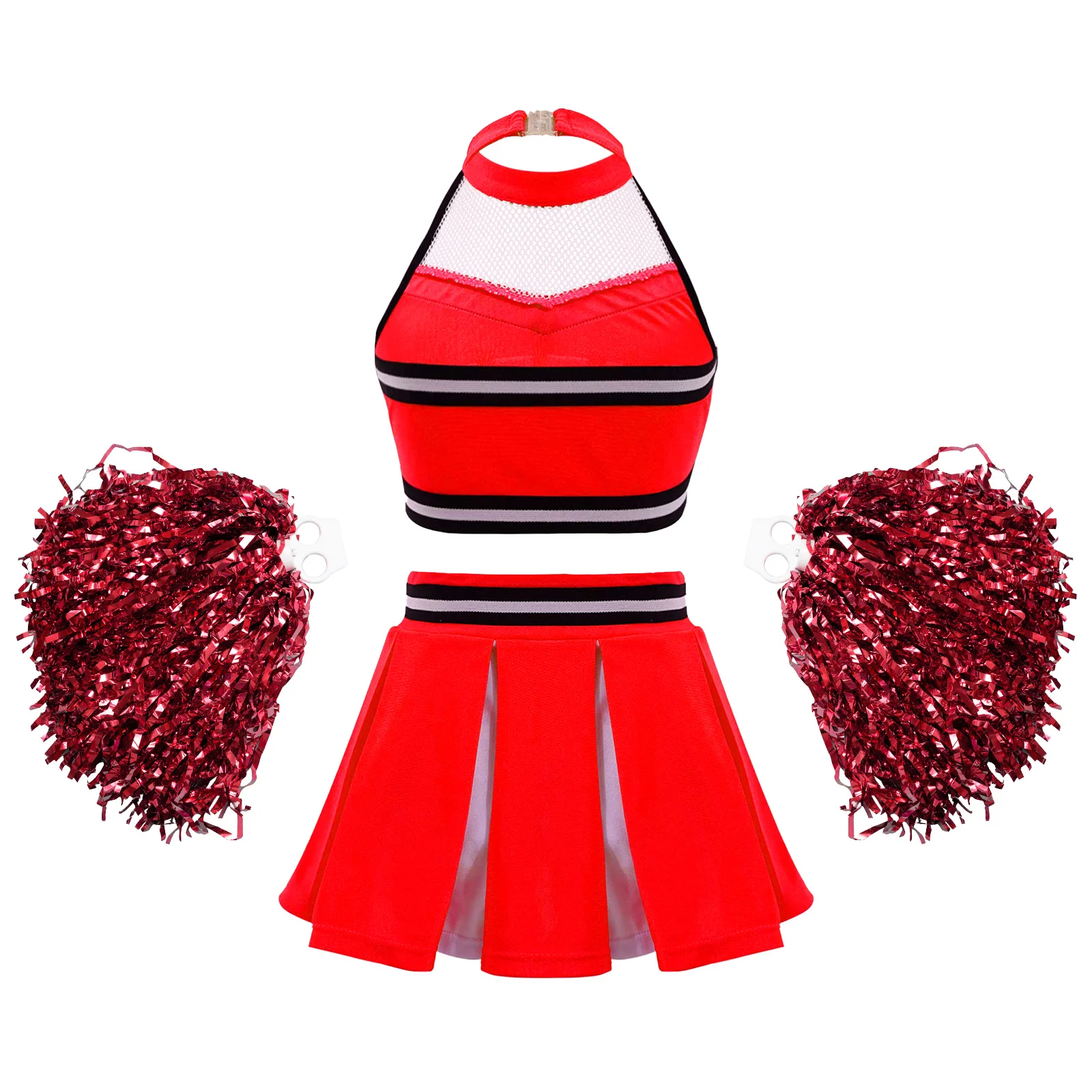 Kids Girls 2Pcs Cheerleading Costume Sets Sleeveless Mesh Patchwork Letters Printed Crop Top with Pleated Skirt And Flower Balls