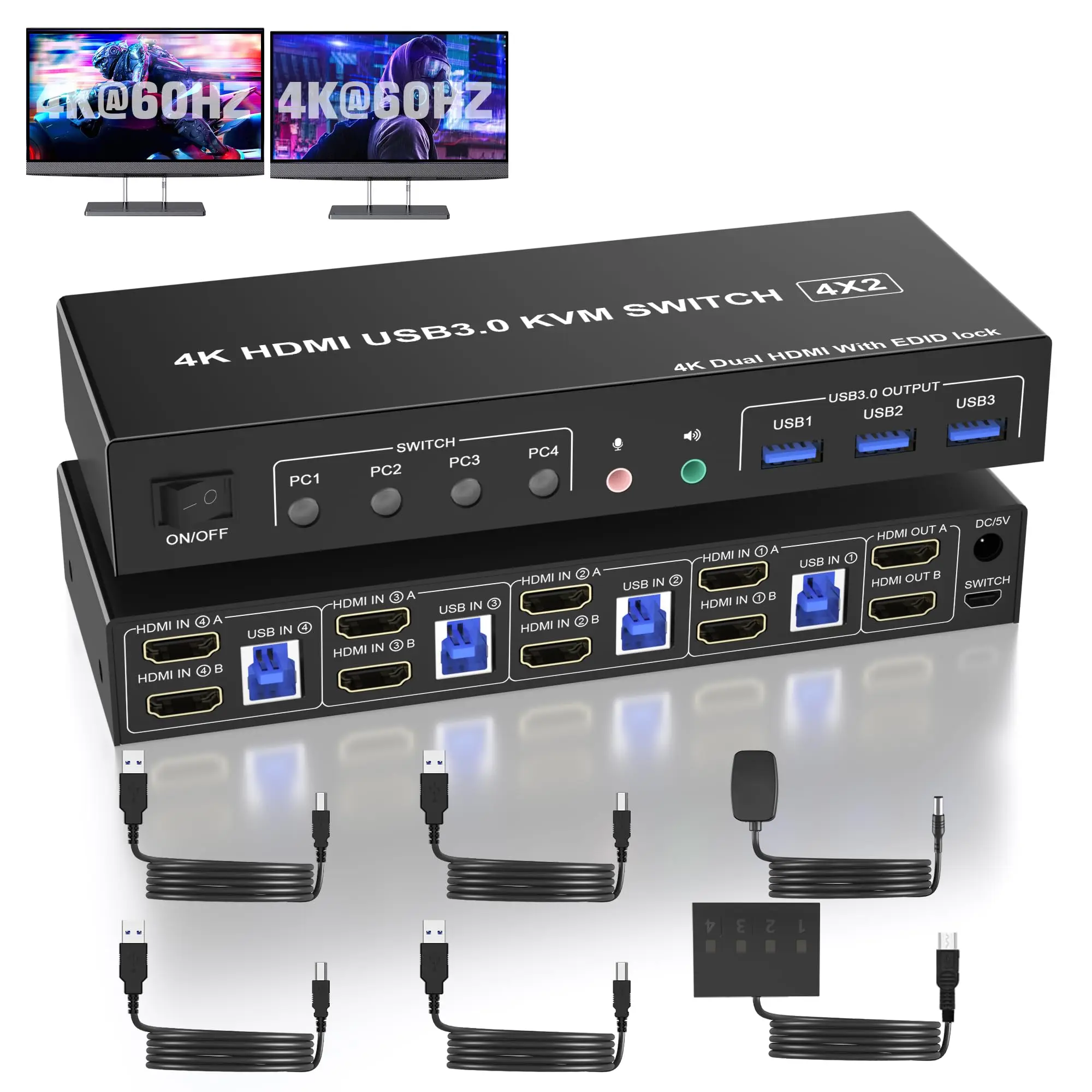 switch kvm usb 30 hdmi monitores computadores suporte edid4k 60hz switch monitor duplo com microfone de audio e portas 01