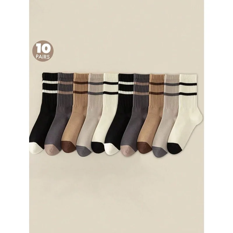 10 Pairs Women's Striped Mid-Calf Socks,Casual,Breathable,Sweat-Absorbent,Anti-Odor,Suitable For Daily Life,Fall