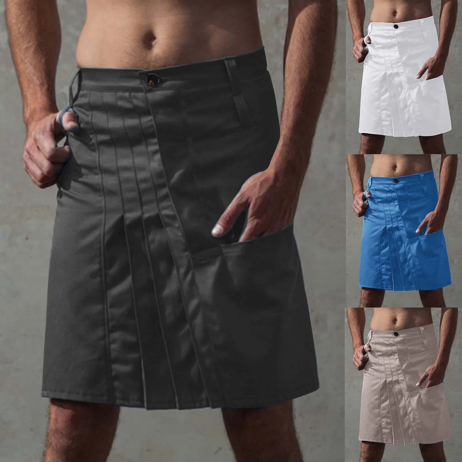 

Spring Autumn Fashion Casual Skirt Mens Classic Scottish Style Retro Solid Color Button Pocket Party Pleated Skirts Vintage