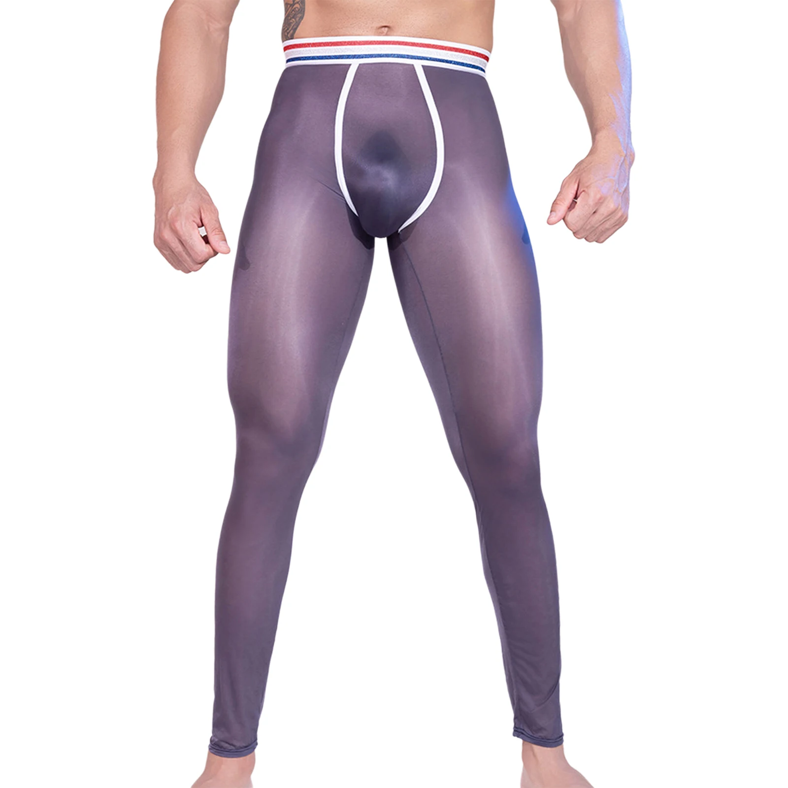 

Glossy See Through Mesh Pants for Men Elastic Striped Waistband Bulge Pouch Skinny Leggings for Sports Workout Training