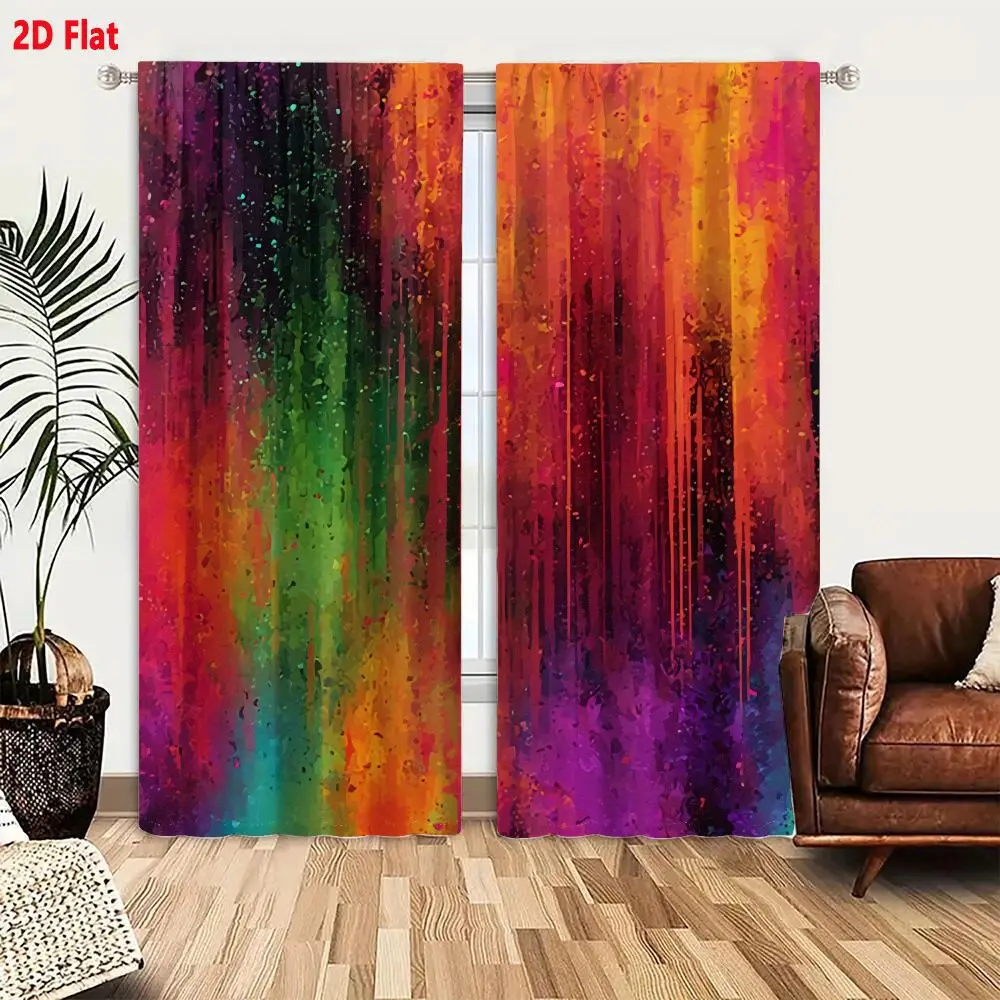2Pcs Curtains 2D Flat Vibrant Abstract Art With Vertical Streaks And Splatters Of Deep Purple Magenta Orange Yellow Green And Te