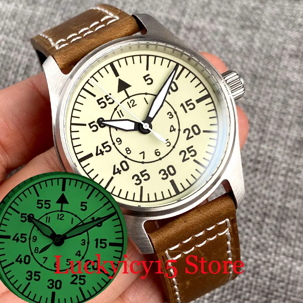 

Tandorio 39MM Pilot Case 20ATM Full Luminous White Dial Automatic NH35A PT5000 Movement Watch Men Leather Strap Sapphire Crystal