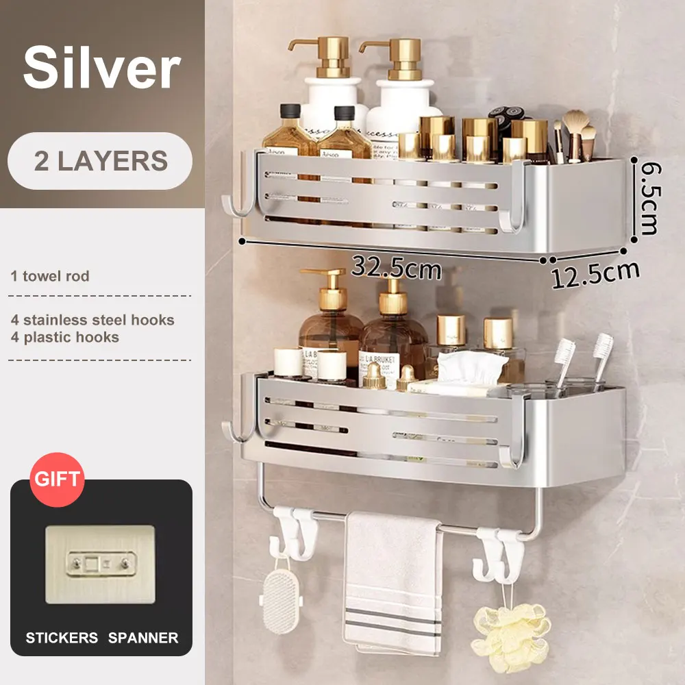 1-2PCS Badkamer Hoekplank met Plastic Haak Handdoekstang Geen Boorruimte Aluminium Douche Opbergrek Badkamer Organizer