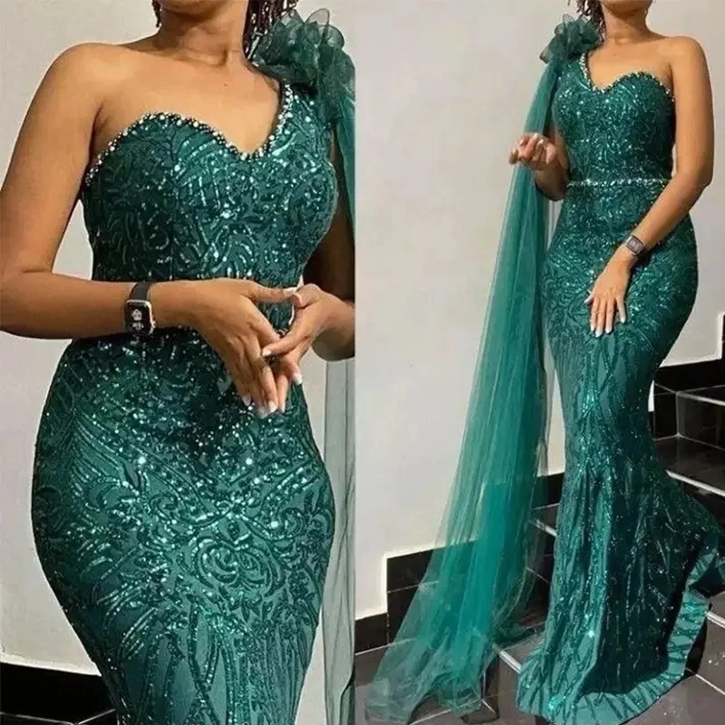 Elegant Green Long Evening Dresses Mermaid One Shoulder Sequin Beads Floor Length Formal Prom Party Gowns for Wedding Customized