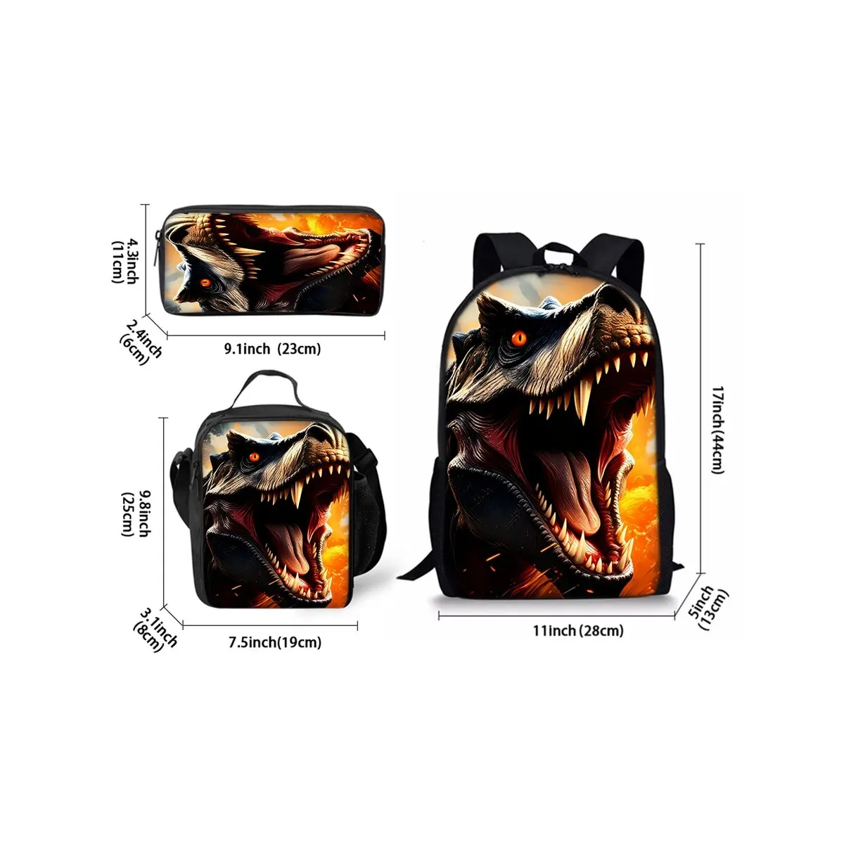 Volcano Dinosaur Print Three Piece Backpacks Set for Boy and Girls Best Gifts 2D Flat Cartoon School Bag for Children