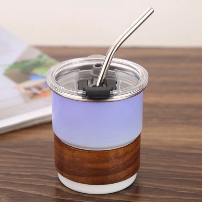 Outdoor 304 Stainless Steel Gradient Camping Cup Coffee Cup Restaurant Beer Cup with Wooden Sleeve Anti-scalding with Lid Straw