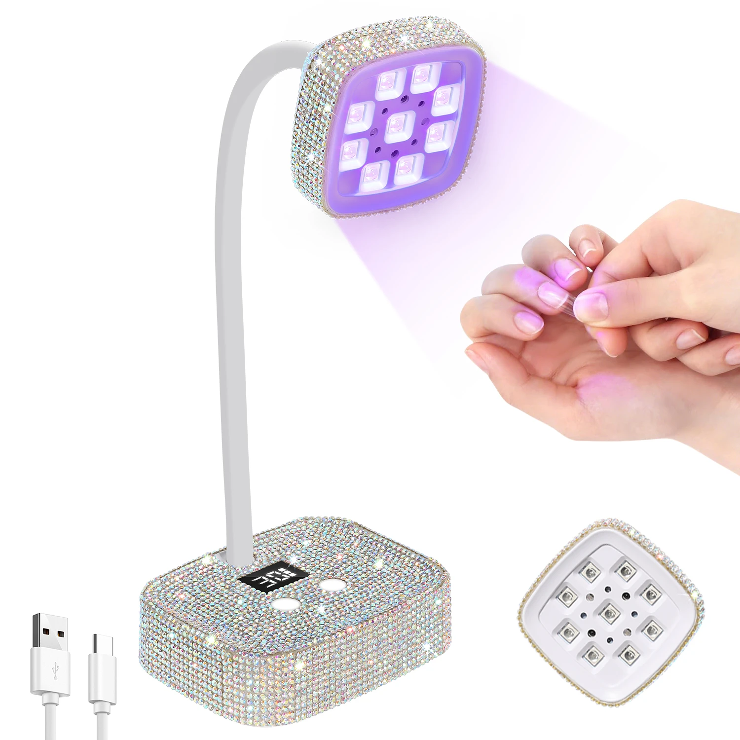 

Mini UV LED Nail Lamp Rechargeable 27W Cordless Curing Light with Rhinestone Design and 360° Adjustable Gooseneck for Gel Nails