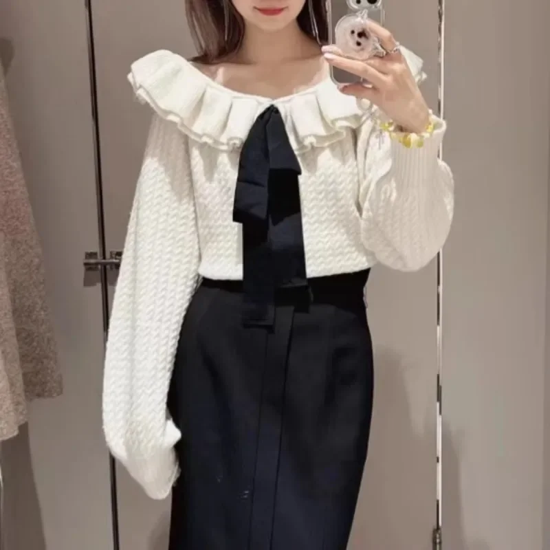 Off Shoulder 2024 Woman Sweater Bow Ruffles Ropa Mujer Japan Knit Outerwears Fall Clothes Women Twist Long Sleeve Pullovers