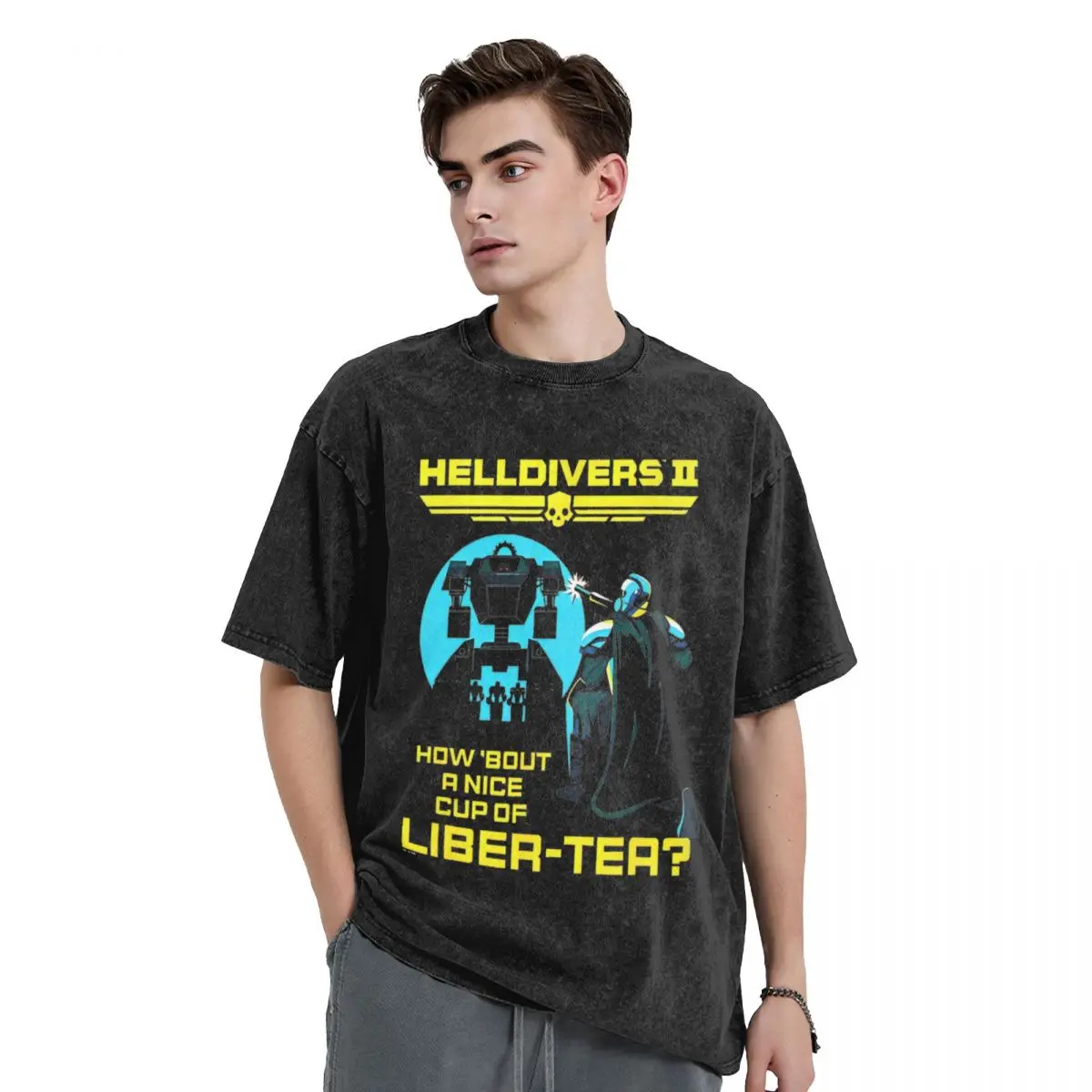 Washed T Shirts Helldivers 2 A Nice Cup Of Liber T-Shirts Oversize Streetwear Short Sleeve Printed Tops Tee Shirt Men Women