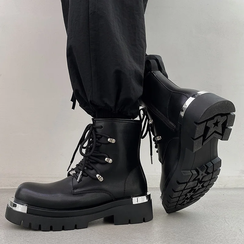 Men\'s Combat Boots Thick Bottom Platform Shoes Men Ankle Boots Lace Up Autumn Winter Shoes Motorcycle Boots Man Punk Shoes Metal