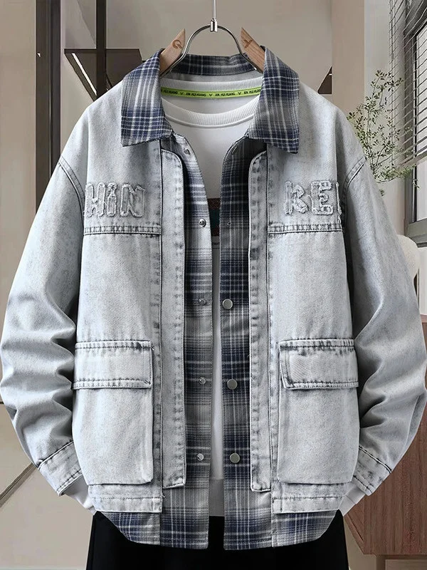 

Повседневная мужская джинсовая куртка, весна-осень, новая модная брендовая молодежная студенческая лоскутная толстовка-стойка, длинный све