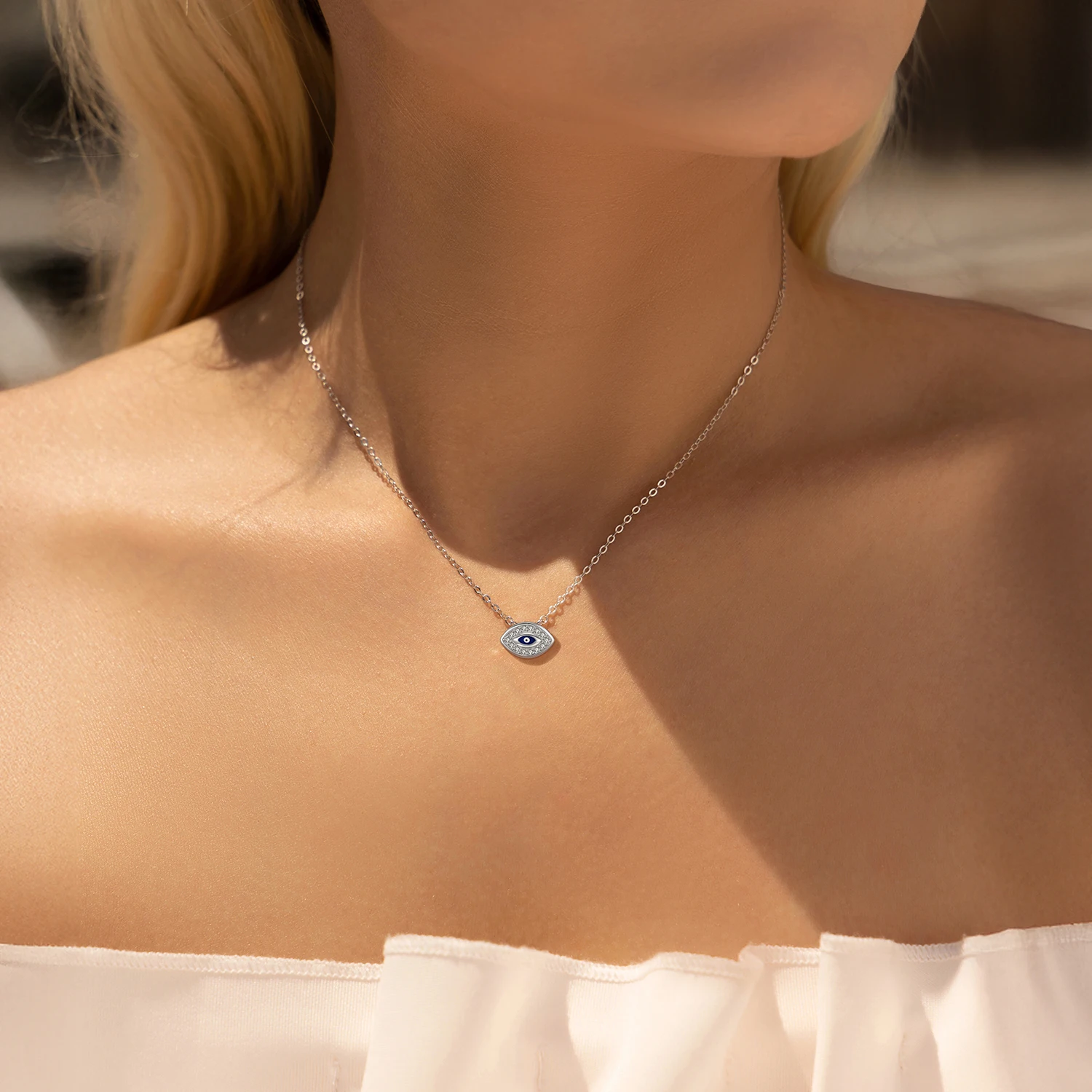 YANLOK 925 Sterling Silver Charming Dazzling CZ Eyes Stackable Pendant Necklace For Women Daily OL Fine Jewelry