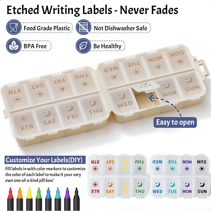 منظم حبوب منع الحمل قابل للطي والمحمول مرتين في اليوم مع مقصورات إضافية ملصقات محفورة أسبوعيًا 7 أيام AM PM صندوق دواء أسبوعي D #2