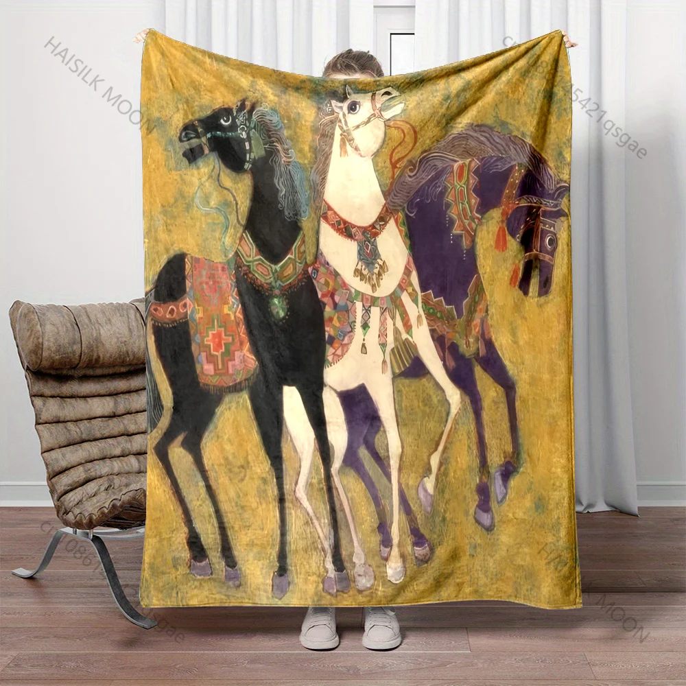 Three Horses in Ink Painting Style Print Blanket Flannel Material Soft Warm for All Seasons, Home Outdoor Camping Picnics RV