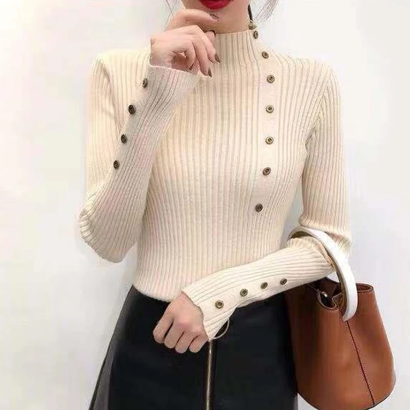 

Elegant Solid Color Button Decoration Sweater Long Sleeved Semi High Neck Sweater Slim Fit Sweater Autumn Office Lady Sweater
