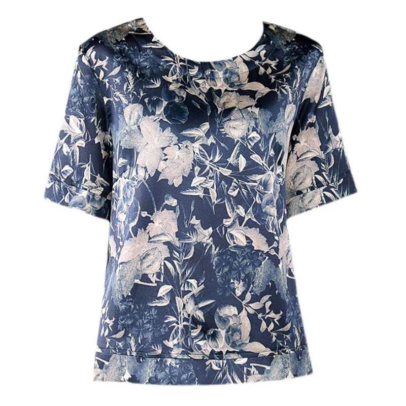 2024 New Floral Natural Silk Short Sleeve Blouses Women Fashion Elegant Bodycon Top Shirts Summer Korean Vintage Casual Shirts