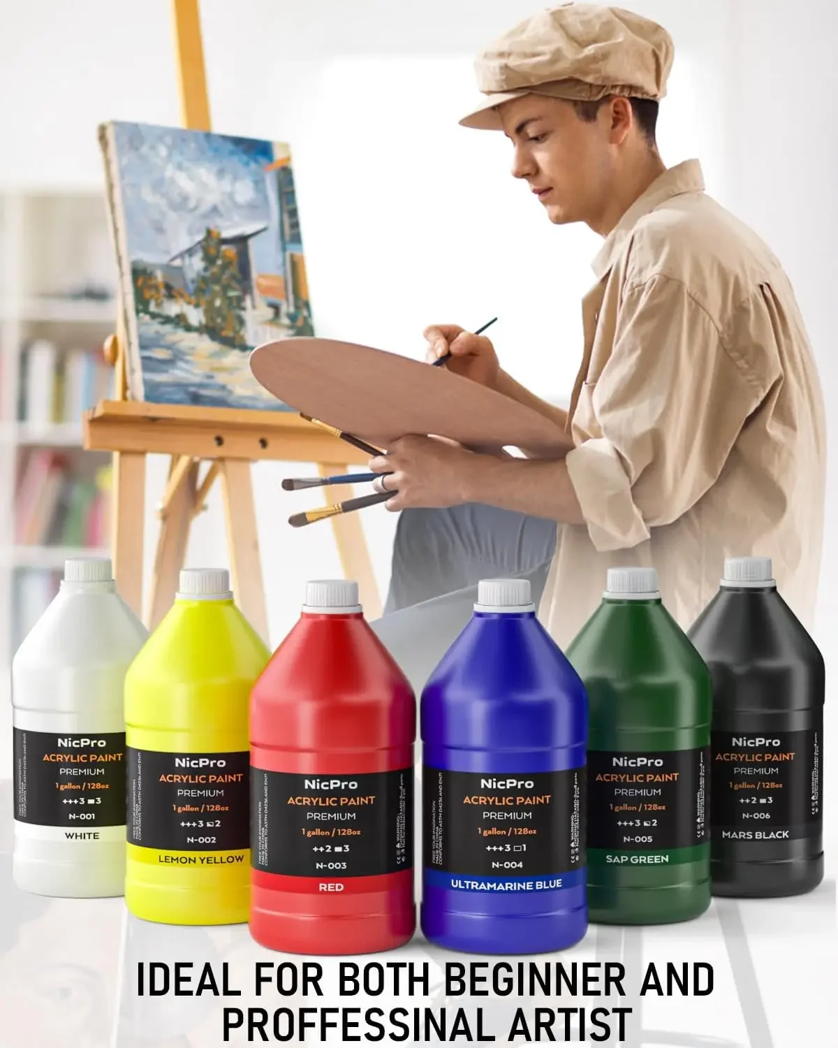 Grande conjunto de pintura acrílica em massa (128 oz, 1 galão) suprimentos de pintura de arte rica não tóxicos para múltiplas superfícies, tela, madeira, couro, F