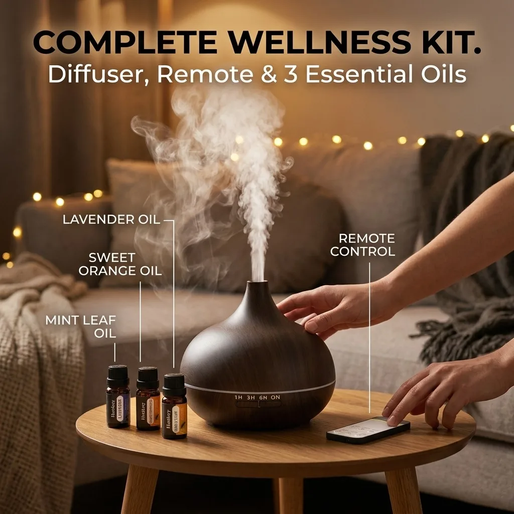 550ml sonic cooling mist humidifier with essential oil diffuser and smart sensor, automatic mode, suitable for bedrooms and offices, quiet operation, long battery life, easy top filling, 360° nozzle, night light, and pre-filtration system.