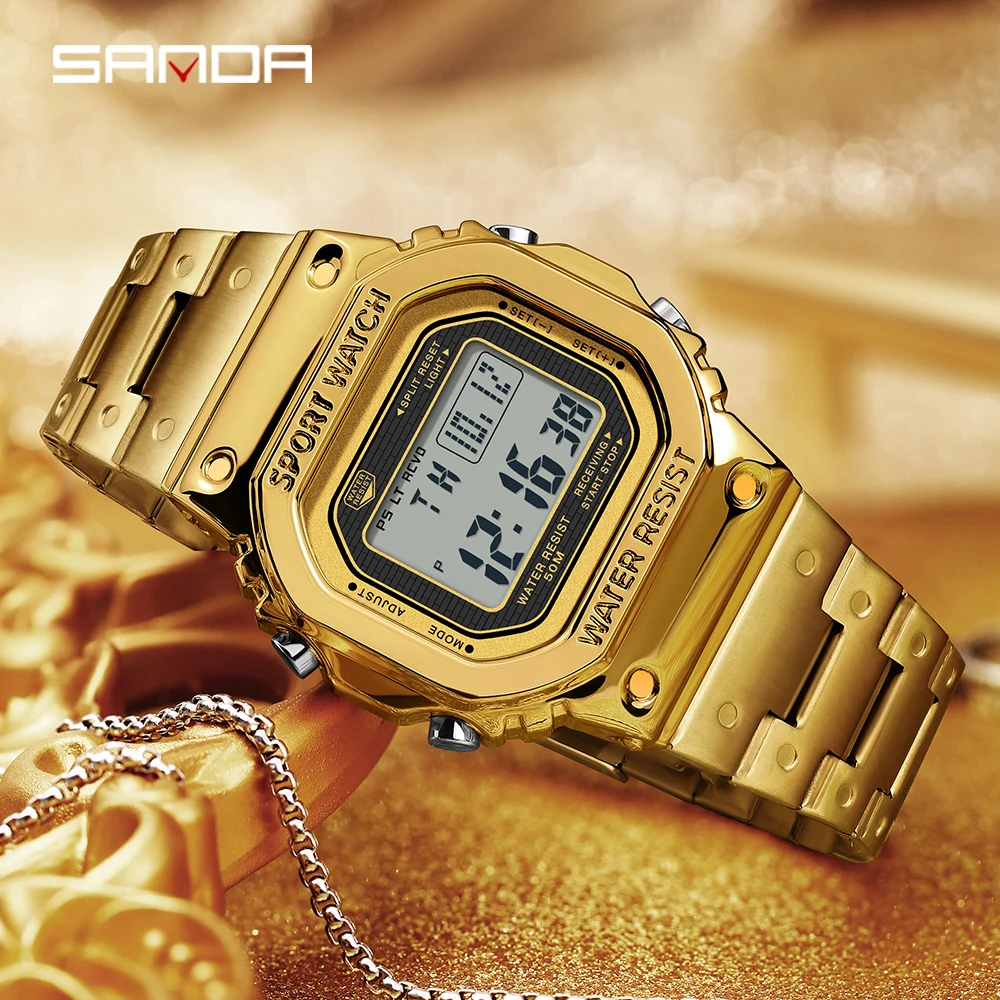 SANDA 2162 Men's Electronic Watch Square Waterproof Multi functional Wrist Watch Square Fashion Night Light Steel Digit Watches