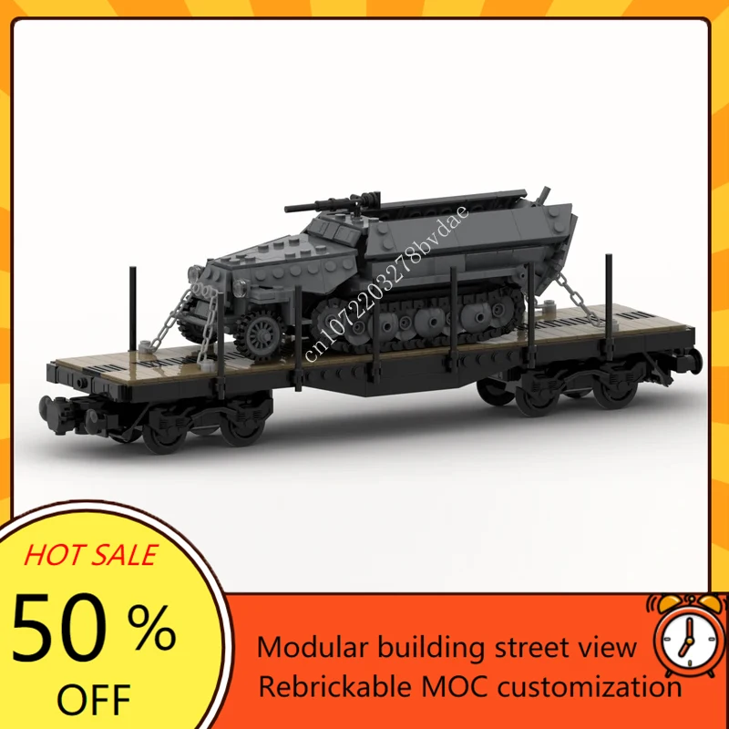 717PCS Railway Train Series MOC WW2 Stake Wagon Transport Train Model Custom Puzzles DIY Creative Collection Toys Birthday Gift