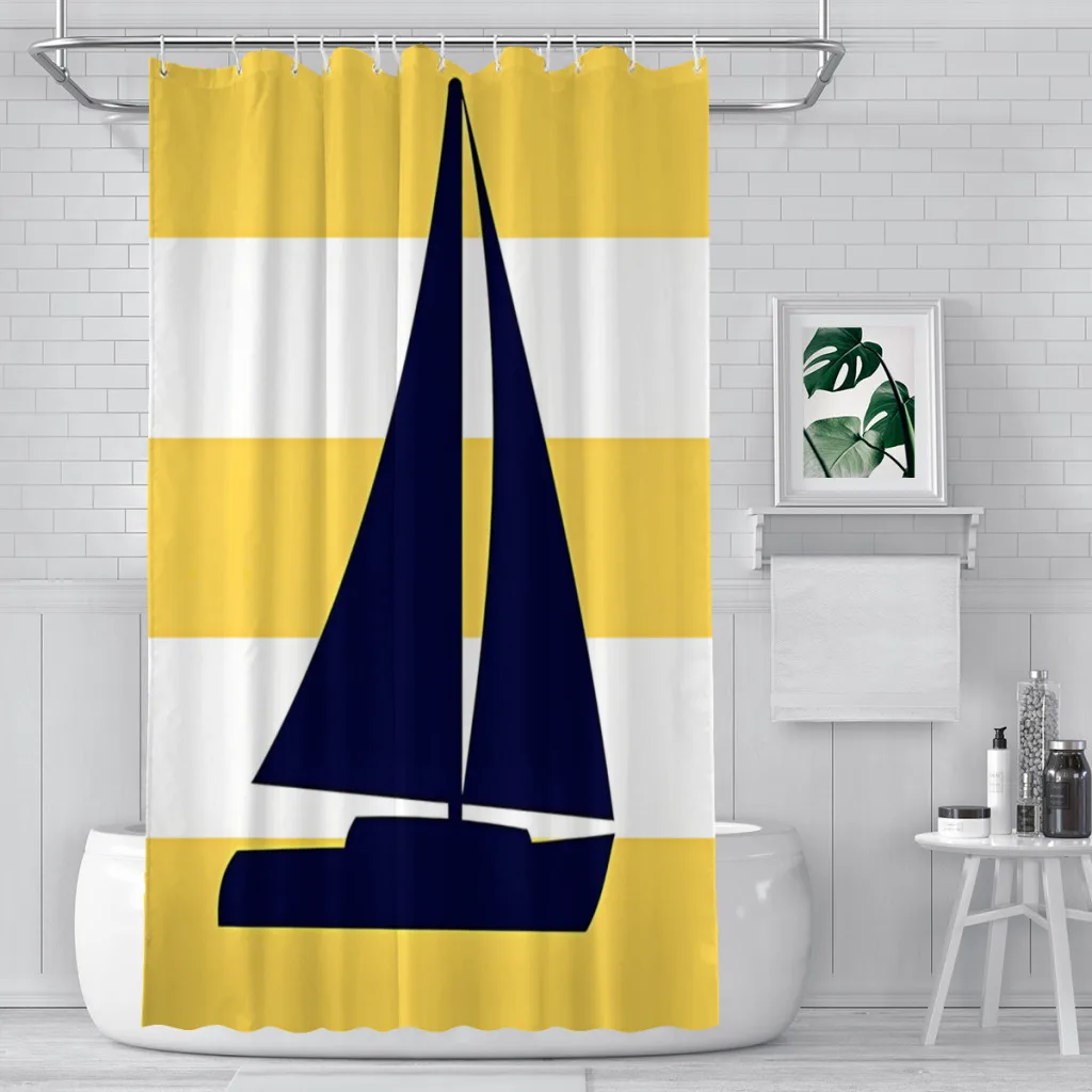 Cortinas de ducha impermeables para baño, accesorios de decoración del hogar, velero marino náutico, rayas amarillas mostaza