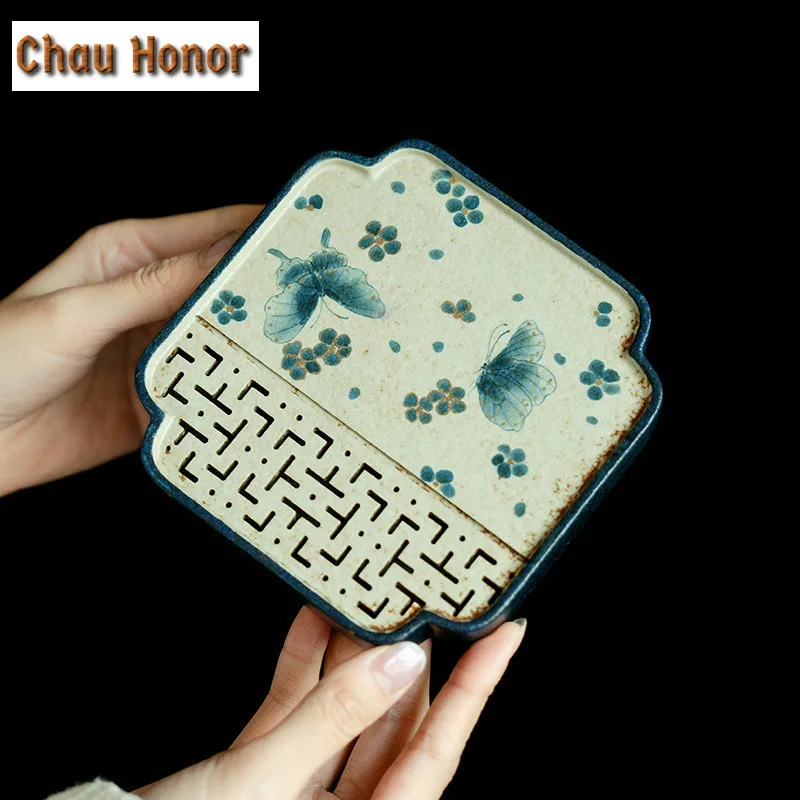 

Blue And White Flint Red Square Tea Tray Handmade Gold Drawing Butterfly Water Storage Dry Bubble Tray Teapot Base Tea Ceremony