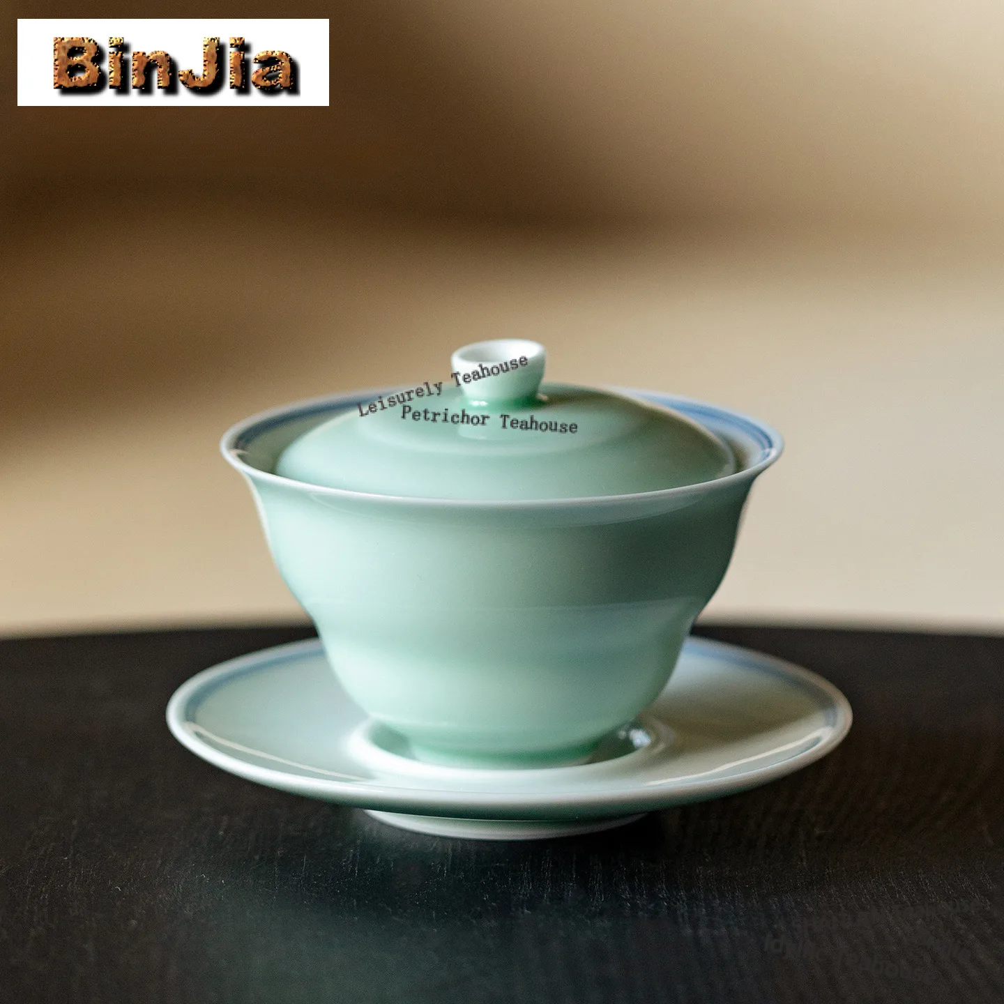 

100ml Bean Green Glaze Double Line Gaiwan Traditional Tea Tureen Tea Bowl with Lid Kit Tea Brewing Cover Bowl Teaset Ornaments