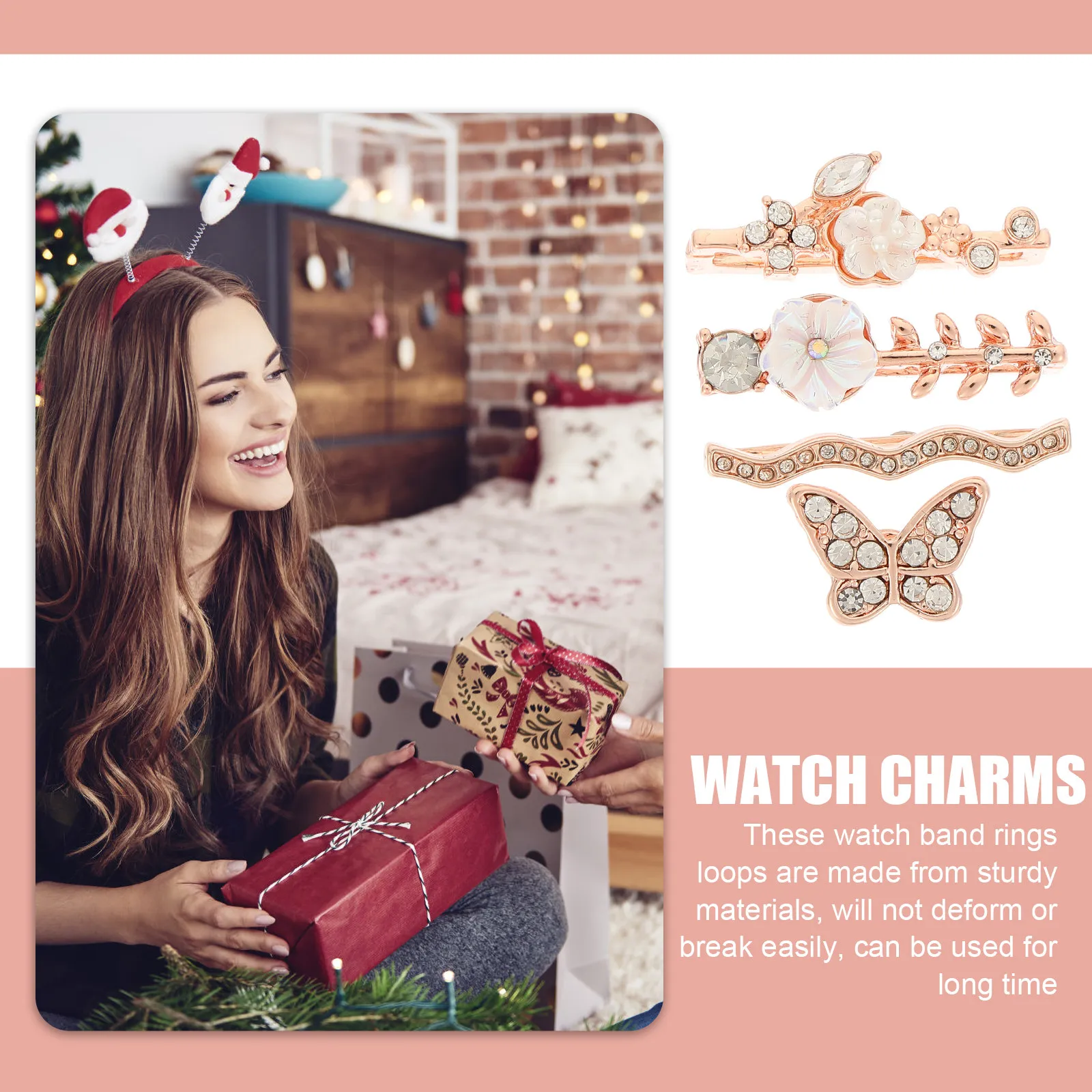 

4Pcs Watch Band Charms Set Metal Rhinestone Decorative Strap Rings for Smartwatch Bands