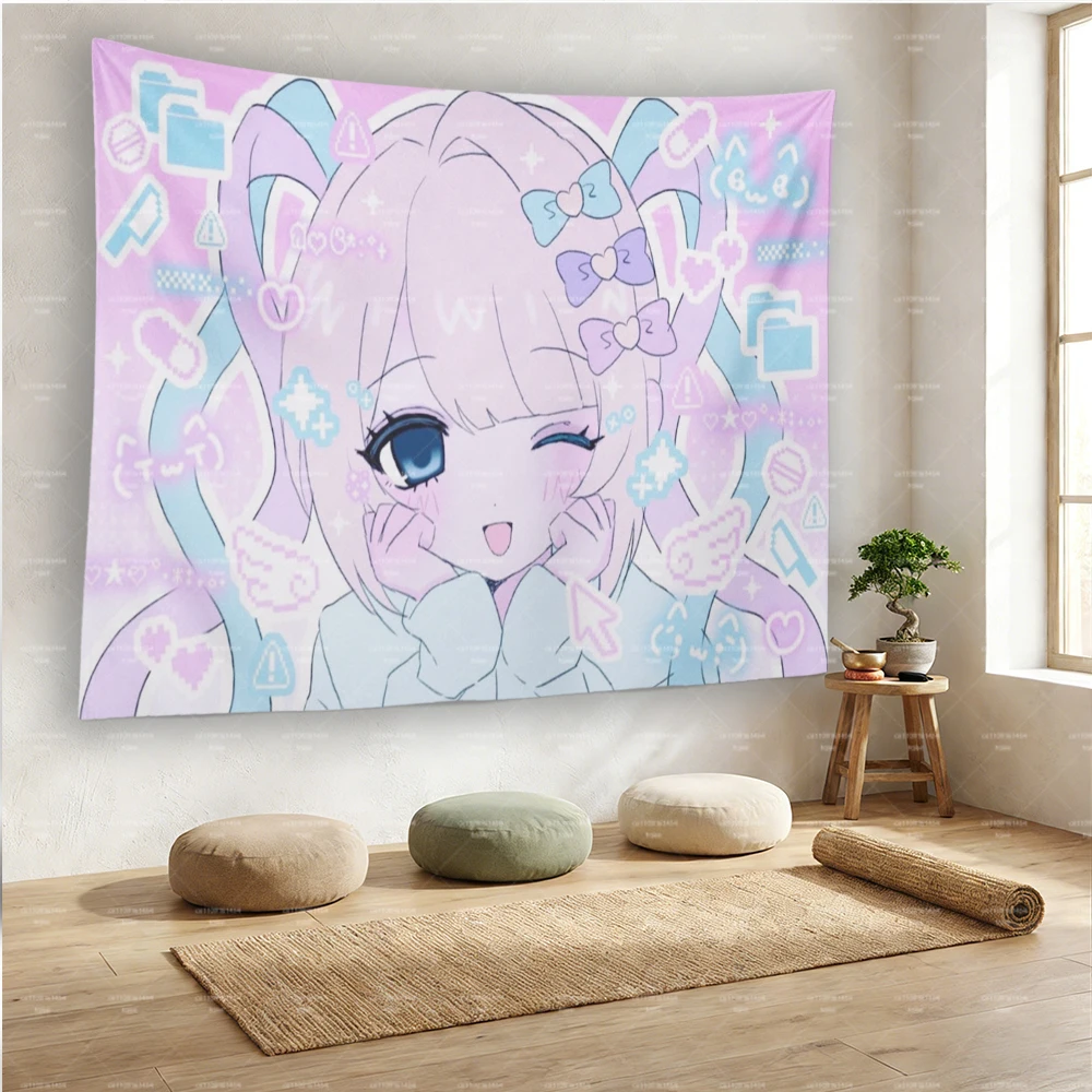 Kawaii Anime Girl Tapestry, Pastel Pink Blue Y2K Aesthetic Wall Hanging, Needy Girl Overdose Inspired Decor for Bedroom Dorm
