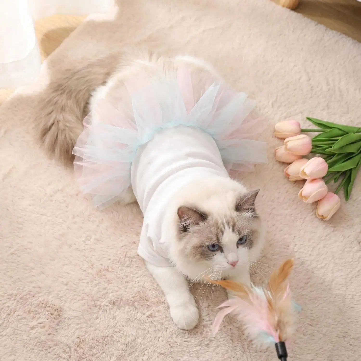 1PC Pet princess dress gradient mesh chiffon puppy dress soft top birthday wedding party small breed dog clothing