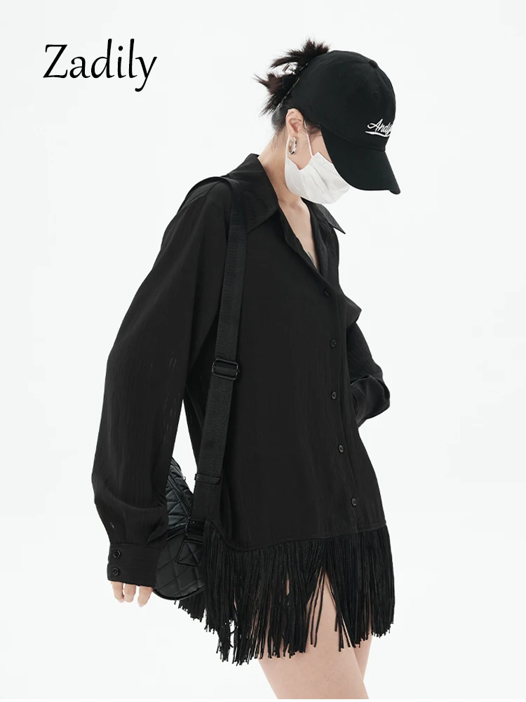 Zadily 2024 Spring Office Lady Long Sleeve Women Black Shirt Korea Style Loose Tassel Button Up Autumn Blouse Female Clothing