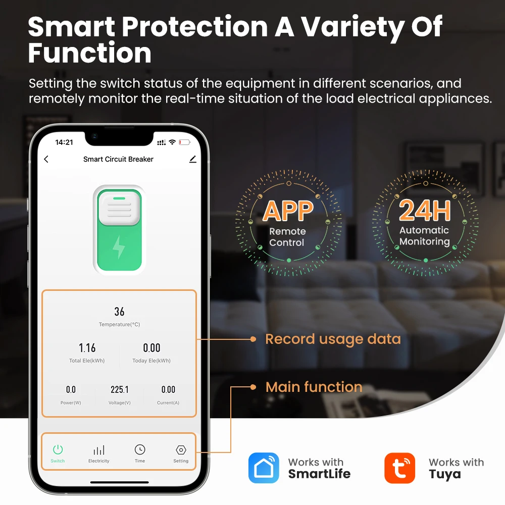 MIUCDA-disyuntor inteligente Tuya WiFi 1P 63A, Monitor de consumo de energía de riel DIN con función de alarma, interruptor de Control remoto por aplicación