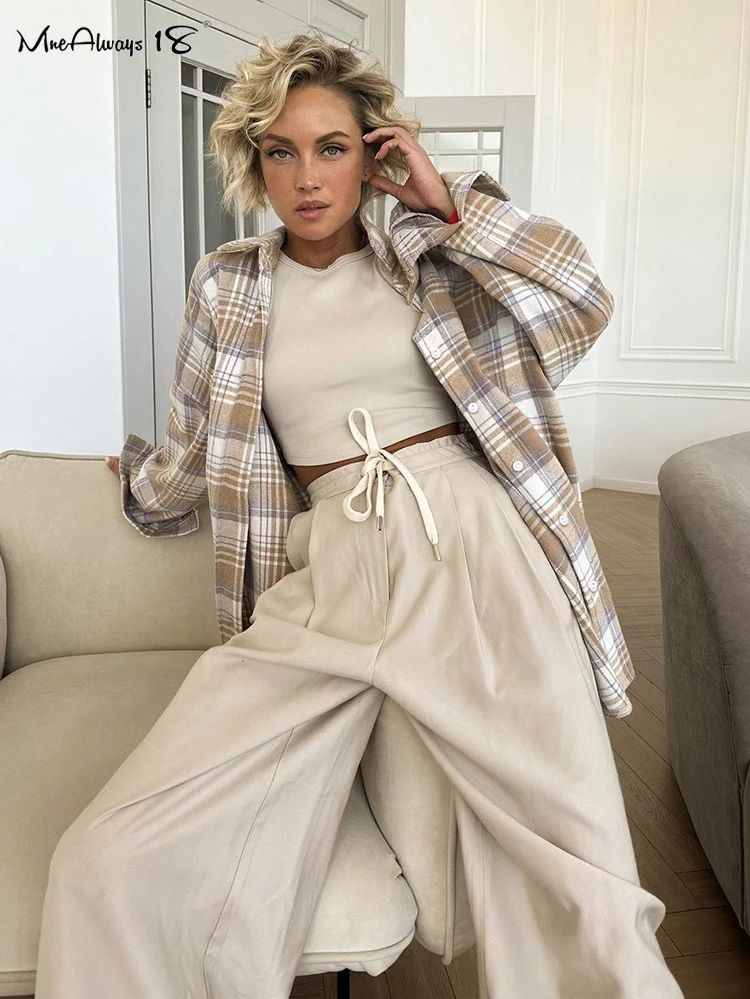 Mnealways18 Warm Woolen Gingham Shirts Vintage Women Classy Oversized Button Blouses And Tops Autumn 2023 Casual Plaid Ladies