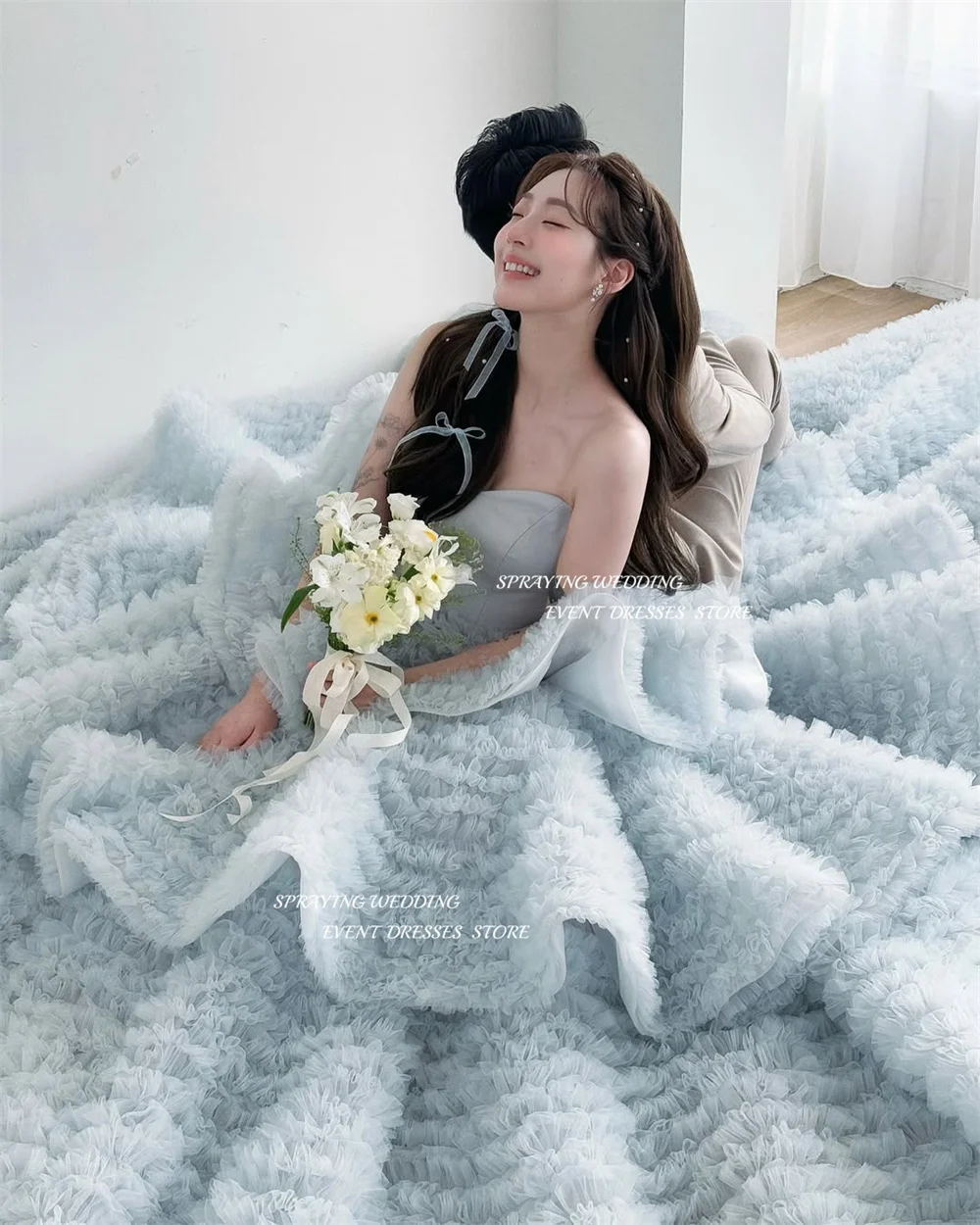 SPRAYING luxe bleu Corset robe de soirée corée robe de mariée séance Photo Tulle chérie longue robe de soirée à plusieurs niveaux personnalisé