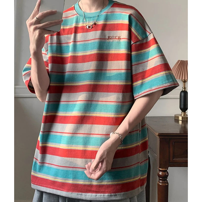 Summer Striped Printed Men O Neck Short Sleeve T Shirt Embroidery Graphic Japan Style Hit Color Fashion Casual Oversized Clothes