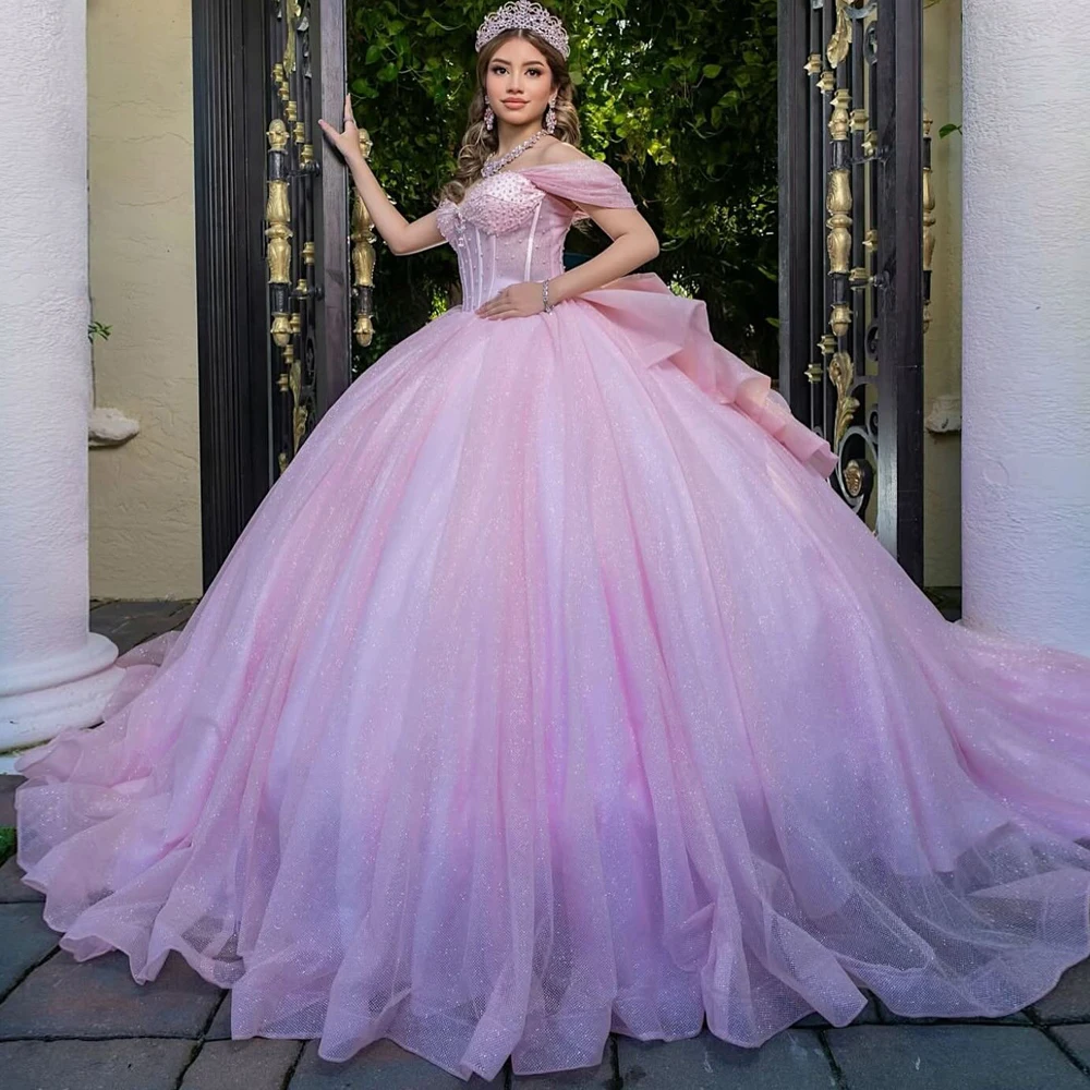 Customized Glitter Pink Quinceanera Dresses Off The Shoulder Ball Gown vestidos quinceanera 15 Anos Corset Birthday Party Gown