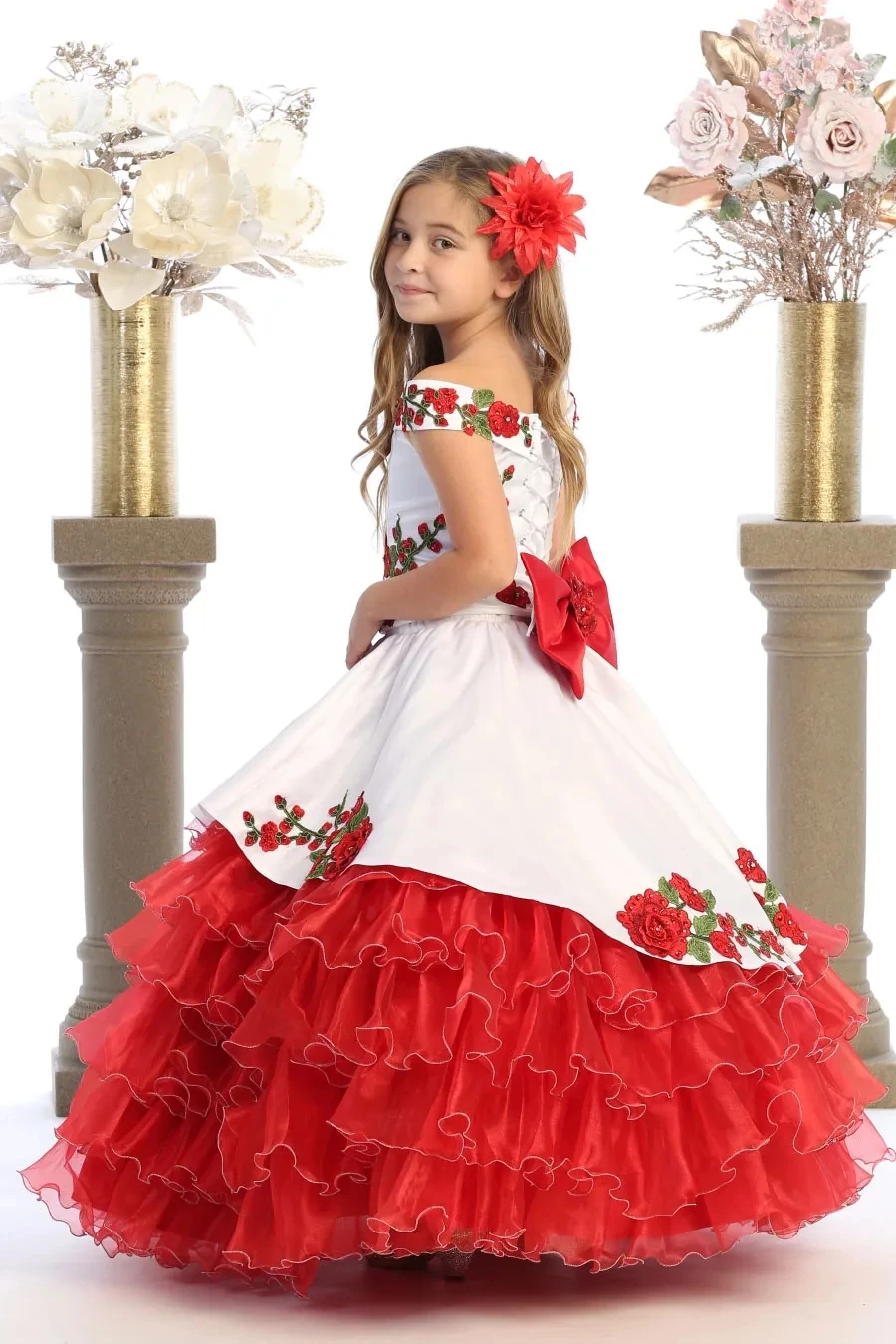 Vestidos Quinceanera vermelhos para meninas, Apliques Organza Tiered, Vestido de baile para casamentos, Vestidos Mexicanos Pageant para bebê