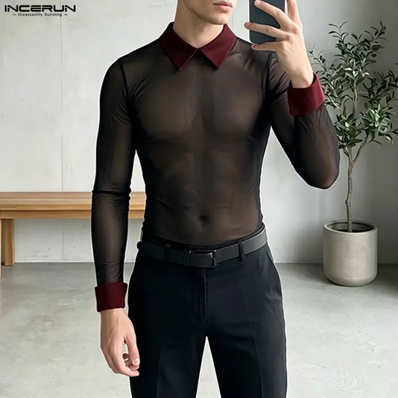 INCERUN Men's T Shirt Mesh Patchwork Lapel Long Sleeve See Through Men Clothes Streetwear Sexy Party Tee Tops For Man Camisetas