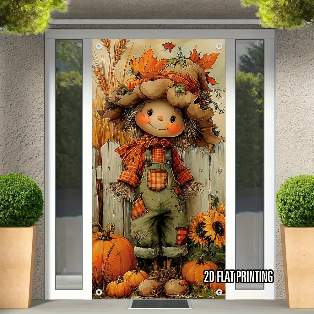 2D flat, 2D door banner, 1 cute scarecrow with sunflower and pumpkin door banner -2D flat printing seasonal autumn decoration view 2