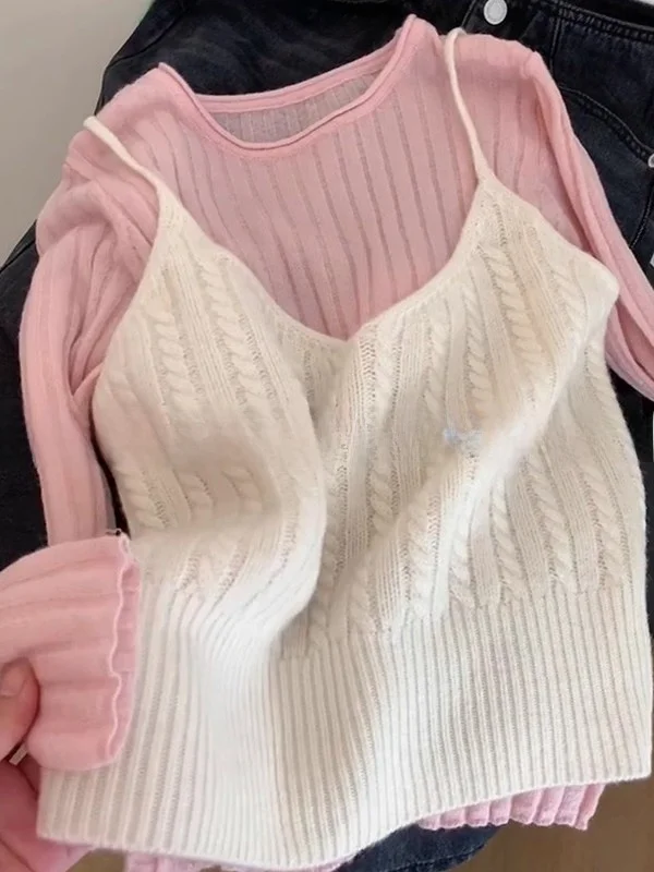 Coreano Sle rotondo Ne maglione lavorato a maglia cinturino da donna autunno delicato Ele dimagrante lungo Sve top gilet set da due pezzi