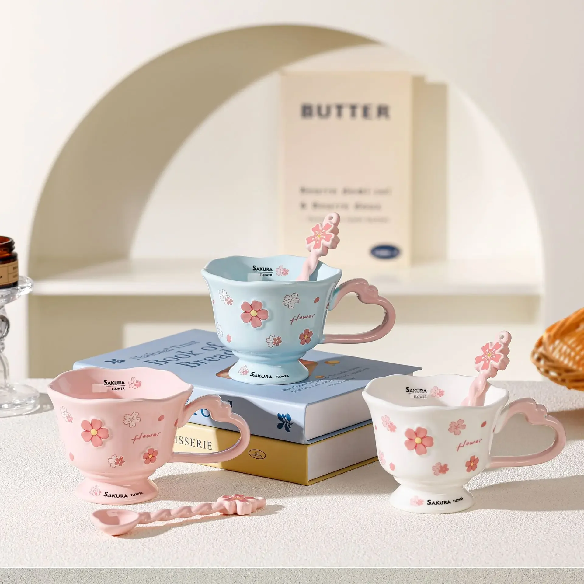 Sakura Ceramic Mug, Creative Coffee Cup With Spoon,High Aesthetic Home & Office Use, Cute Gift for Her,Personalized Water Cup