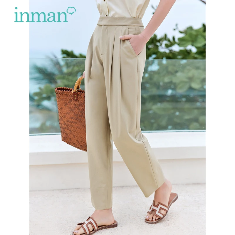 

INMAN Women Long Pants 2023 Summer High Waisted Straight Loose Trousers Pleated Design Khaki Casual Official Elegant Pants
