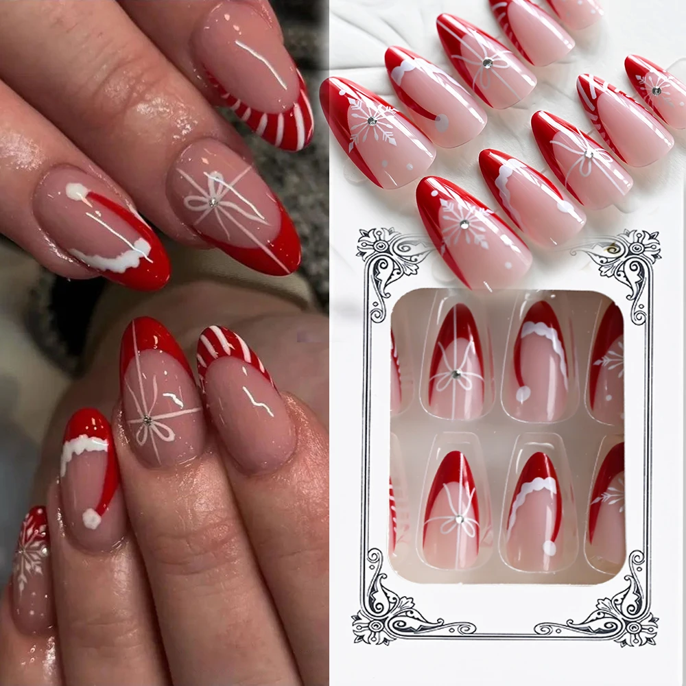 24Pcs/Box Christmas French Red Almond Fake Nails Gradient Nude Pink Short Almond Press On Nails Painting Xmas Hat&Bow Nail Tips