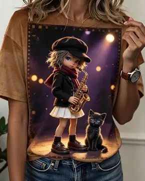 Women Doll Girl Saxophone Black Cat Stage Night Scene Print T‑Shirt Short Sleeve Crew Neck Casual Loose Summer Tops