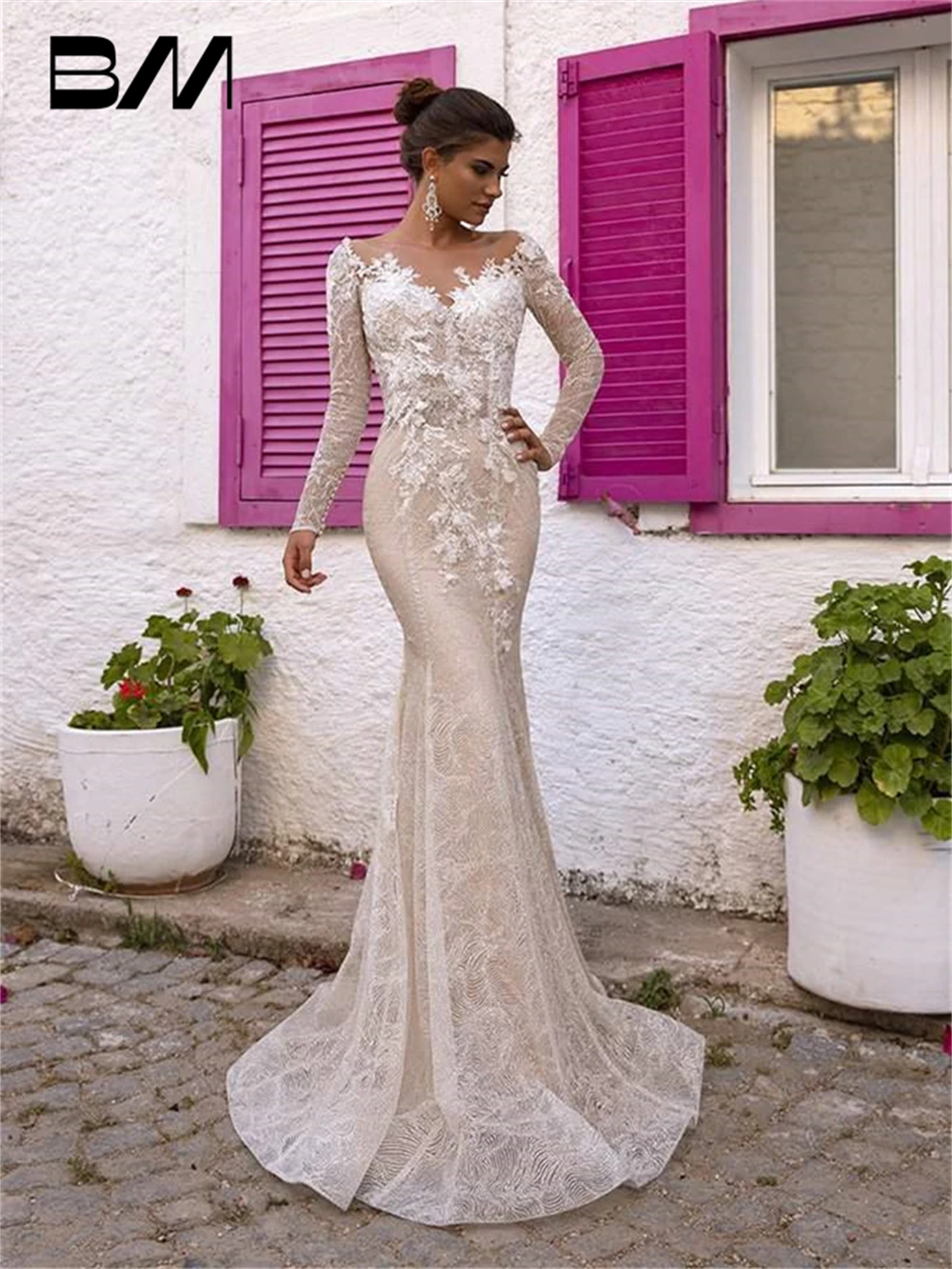 

Nude Lining Mermaid Wedding Dresses For Women Sheer Neck Embroidery Lace Appliques Bridal Wedding Gown Custom Made Plus Size