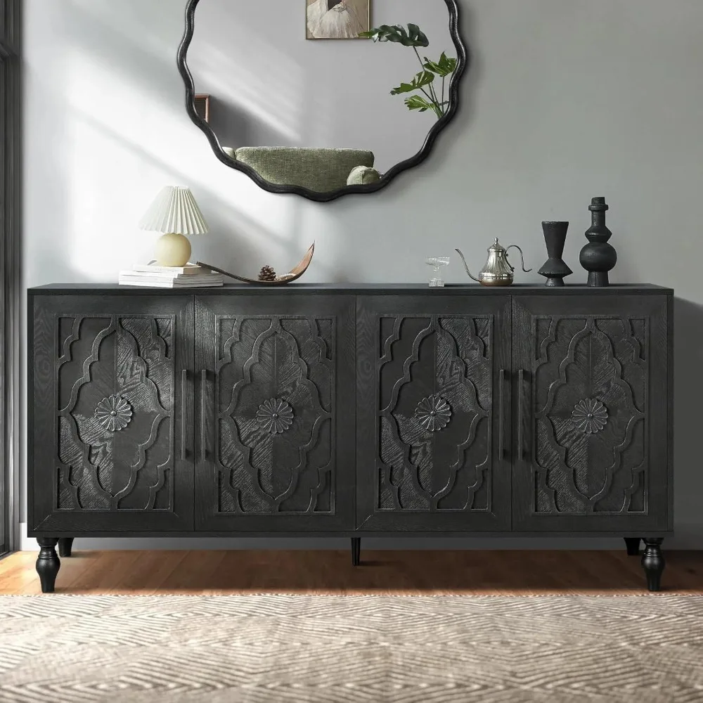 Aparador Buffet Credenzas para salón, mesa de entrada negra antigua de 63" con gabinete decorativo de almacenamiento, puertas de flores talladas